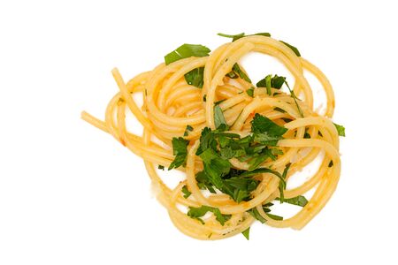 Spaghetti with parmesan cheese in top view white isolatedの写真素材