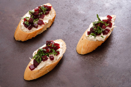Bruschetta slice of breat with farmers cheese parsley and beetrootの写真素材