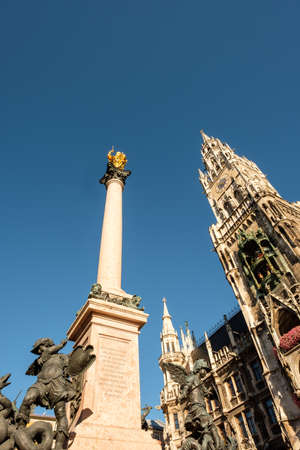 Marian column and town hall marienplatz in munich in vertical formatの写真素材