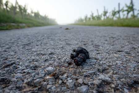Deer poo dung closeup on a road
