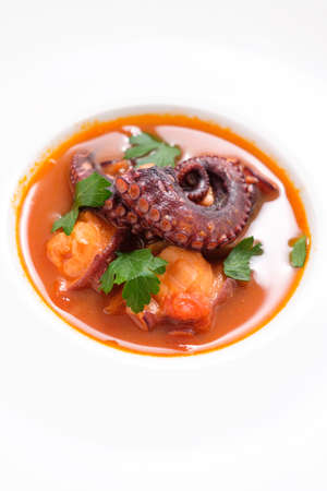 Stewed octopus and tomato with parsley in a restaurantの写真素材