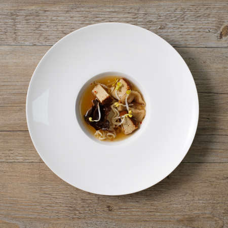 Japanese ramen sou in a plateon wooden tableの写真素材