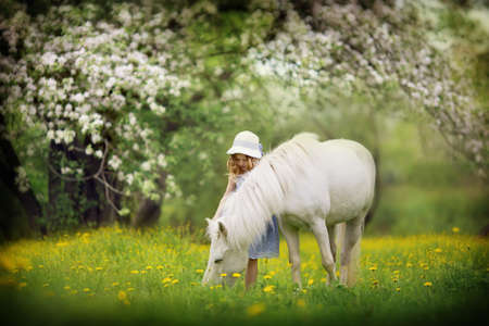 A cute white girl in jockey boots walking among little pony in the field on a sunny summer dayの写真素材