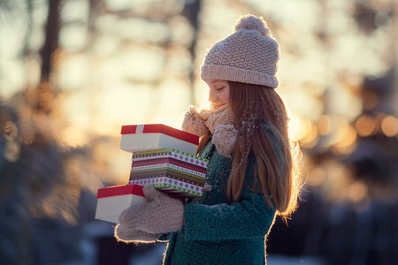 Girl with Christmas gift on a winter walkの写真素材