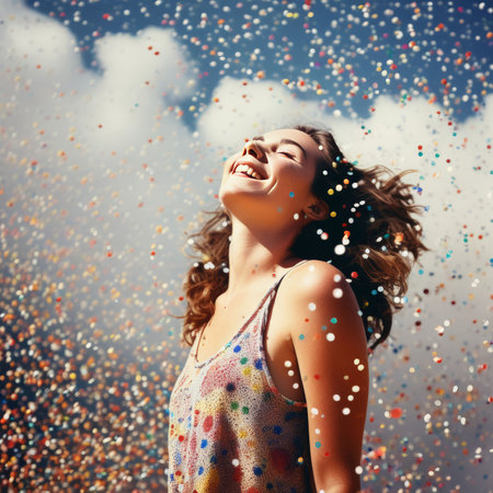 woman blowing confetti on sky backgroundの素材