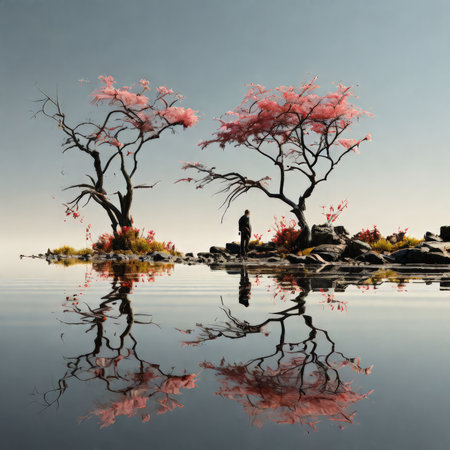 beautiful landscape with a tree and lakeの素材