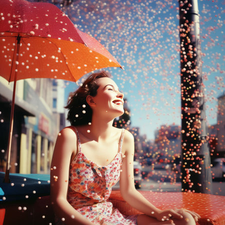 young woman with umbrella sitting on the streetの素材