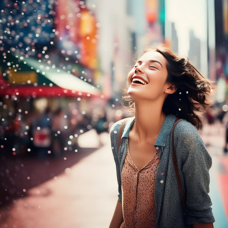young woman walking in the cityの素材