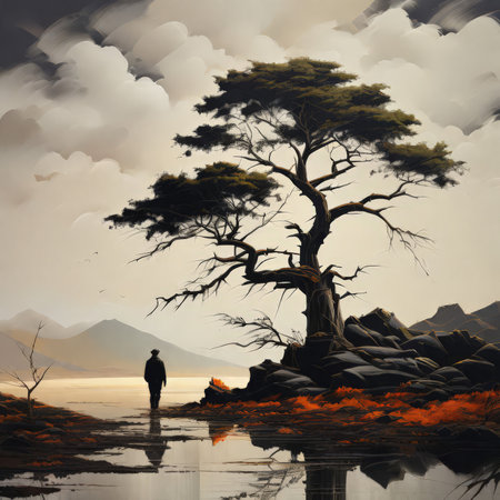 digital illustration of a man standing in forest with beautiful landscapeの素材