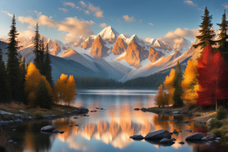 autumn landscape with mountains and lakeの素材