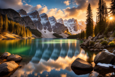 sunset at the lake in mountainsの素材