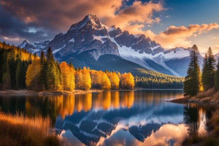 beautiful autumn landscape with lake and mountainsの素材