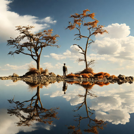 a man in hat with backpack on the background of lakeの素材