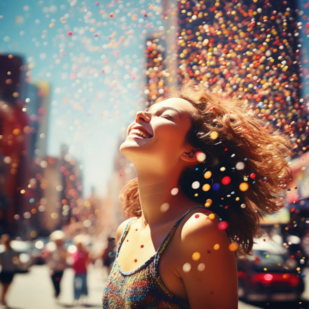 happy woman blowing in the cityの素材