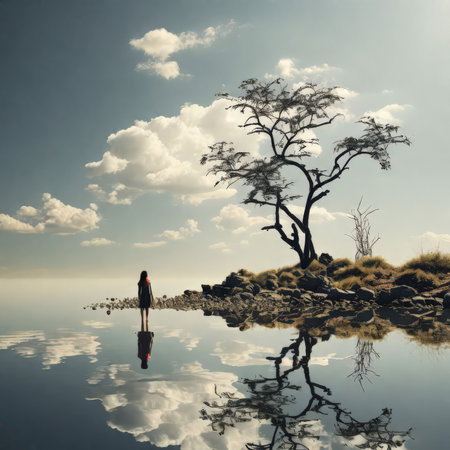 beautiful landscape with a lake in the morningの素材