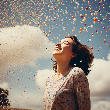 young girl in a white dress with bunch of balloonsの素材