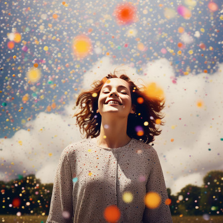 woman blowing confetti on the green grassの素材