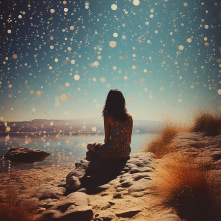 young woman sitting on the beach with starsの素材