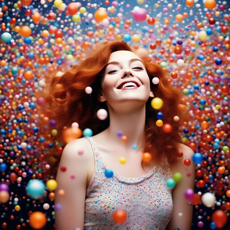 woman in red dress and colorful confetti.の素材