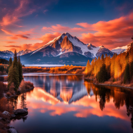 beautiful landscape with lake and mountainsの素材