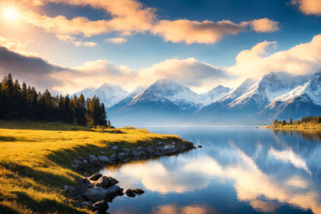 mountain lake at sunsetの素材