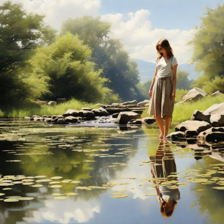 woman in a dress with the backpack on bank of riverwoman riverの素材