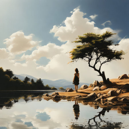 young woman in a dress with tree on the beachの素材