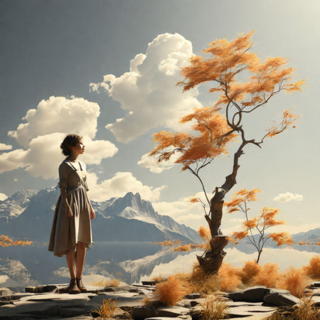girl standing in a beautiful landscape with the mountains, 3d renderの素材