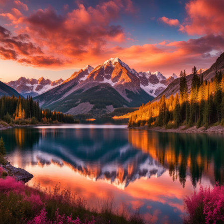 colorful lake and flowers in mountains, canadaの素材