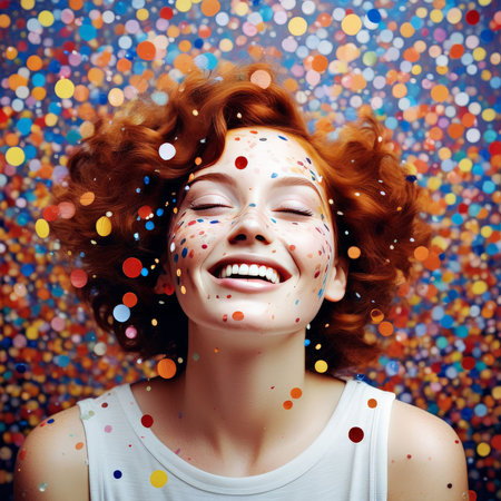 young pretty woman with colorful makeup and hairstyle posing on white backgroundの素材