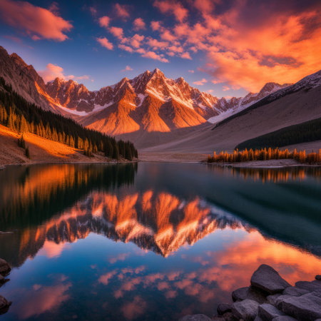 beautiful landscape with lake and mountainsの素材