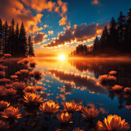 beautiful sunset in the lakeの素材