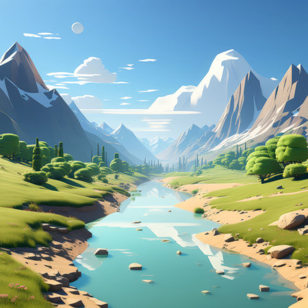 mountain river and forest. 3d illustration, renderingの素材