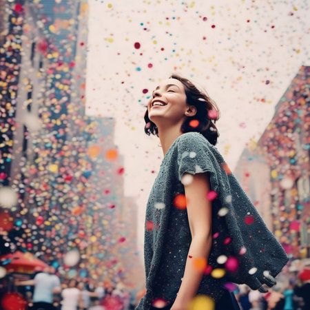 woman throwing confetti at the streetの素材