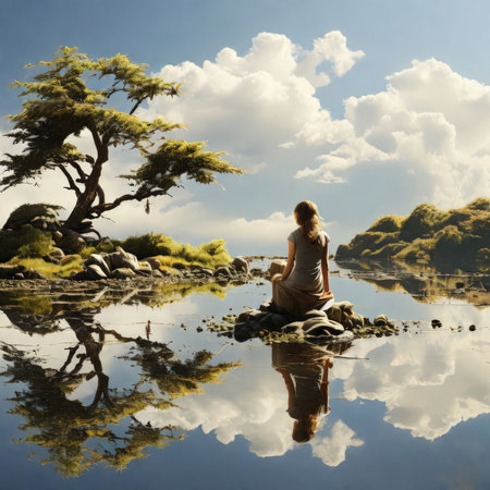 young woman meditating in the lotus positionの素材