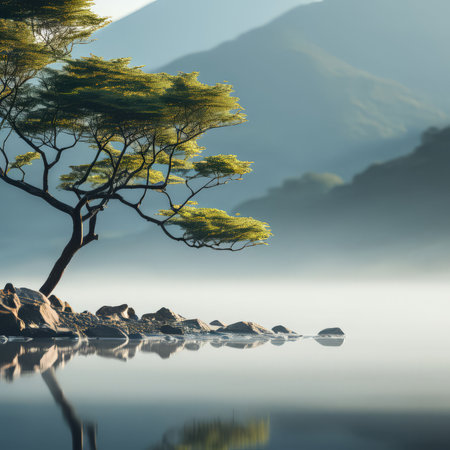 beautiful landscape with a lake in the mountainsの素材