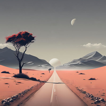 desert landscape with red and black trees.の素材