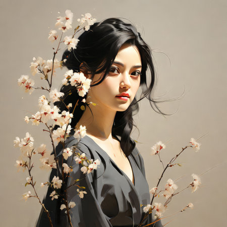 portrait of a young girl with white flower in her hairの素材
