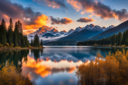 lake and mountain in the morning, beautiful nature backgroundの素材
