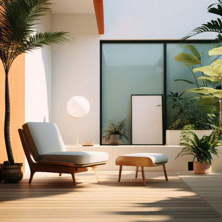 3d rendering of modern cozy room and living with pool plants in the or design evening time.の素材