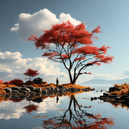 beautiful autumn landscape with trees and leavesの素材