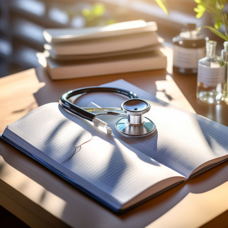 3d rendering of a stethoscope with pen on the tableの素材