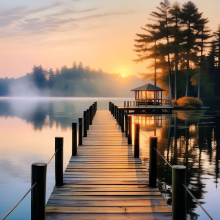 wooden pier in the morningの素材