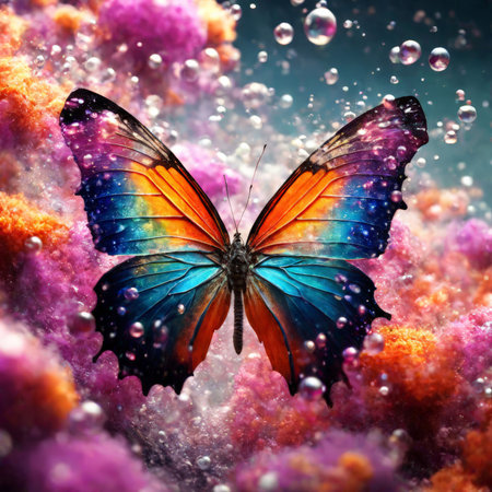 butterfly and colorful flowers on water surfaceの素材