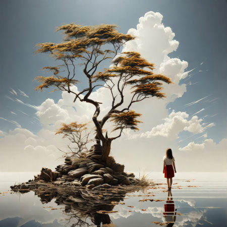 digital composite of beautiful girl standing in front a large tree with cloudy skyの素材