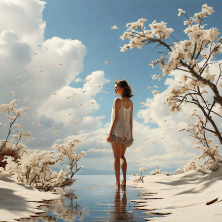young woman in a white dress on the beachの素材