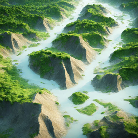 3d illustration of a beautiful landscape with riverの素材