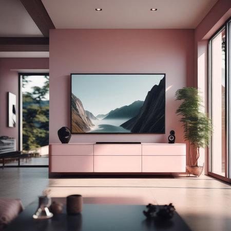 modern bright room with a tv and wooden tableの素材