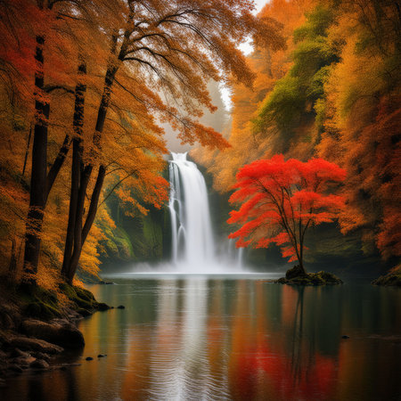 beautiful waterfall in autumn forest.の素材