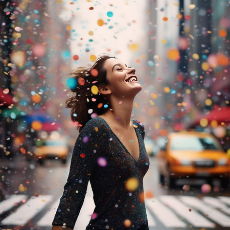 young woman wearing a white dress with colorful confettiの素材